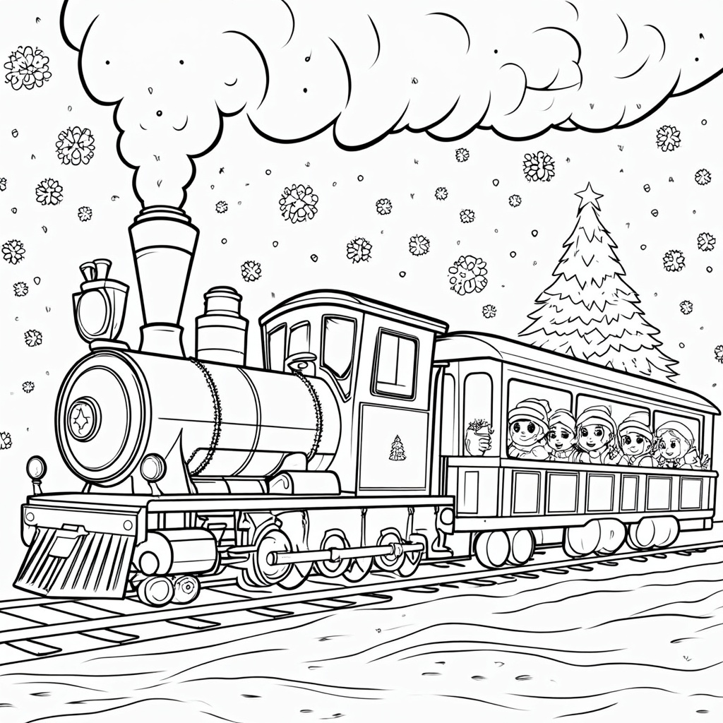 The image shows a sketch of a train with a few people inside, a Christmas tree, and snowflakes in the background. The train is on a railway track, and the image is in black and white.