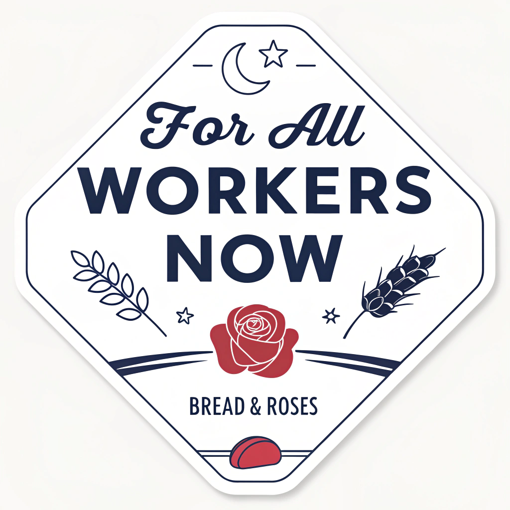 Sub Design Idea 2: Bold Typography Focus - The slogan 'FOR ALL WORKERS NOW' dominates in a strong, impactful font. 'Bread & Roses' acts as a secondary element or thematic icon (e.g., small rose/wheat). Minimalist and message-driven.
