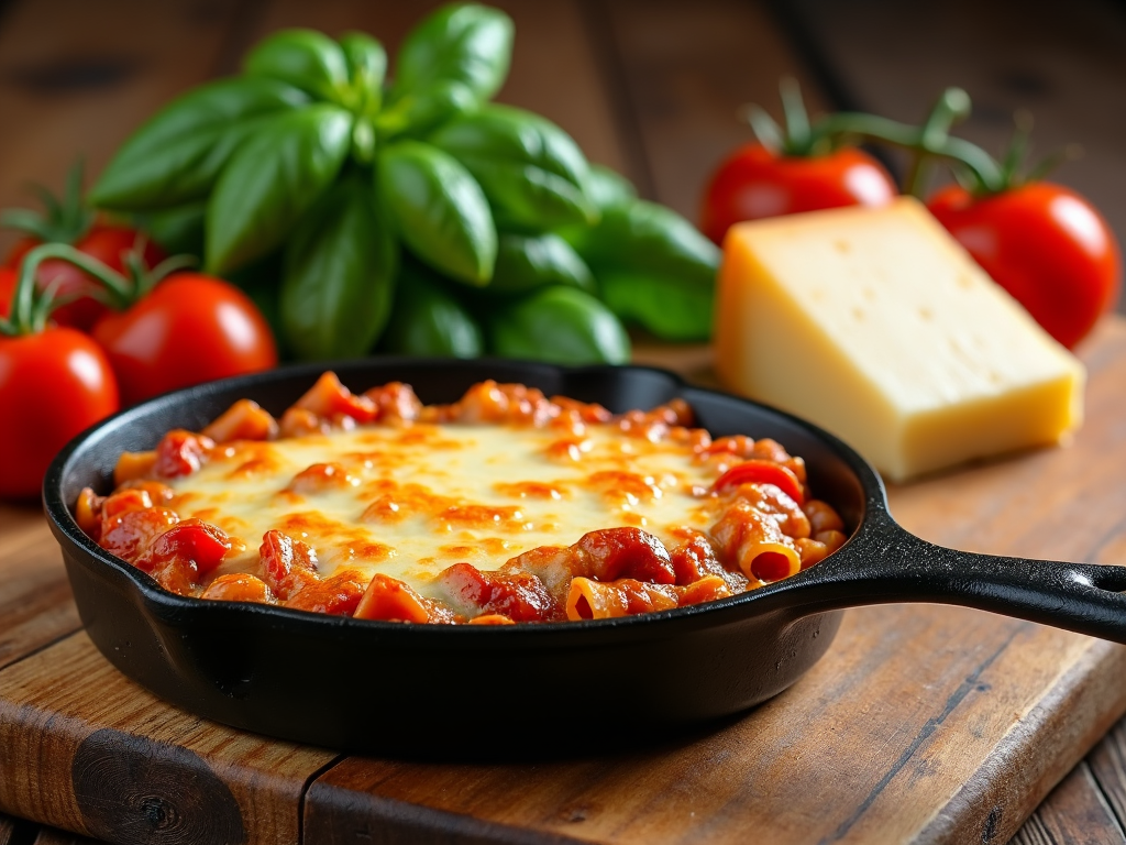 A rustic-style kitchen counter with a freshly baked ziti in a cast iron skillet, surrounded by ingredients including a bunch of fresh basil, a chunk of Parmesan cheese, and ripe red tomatoes.