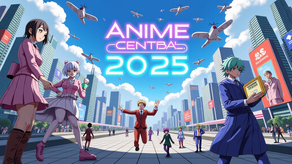 Neo-City & AI Companions: A sprawling, highly detailed futuristic cityscape (Neo-Tokyo style) with flying vehicles, towering skyscrapers, and holographic advertisements, where anime characters interact seamlessly with diverse AI companions (robotic pets, holographic assistants, androids). 'Anime Central 2025: Futuristic Visions & Cybernetic Dreams' prominently displayed as a large holographic banner.