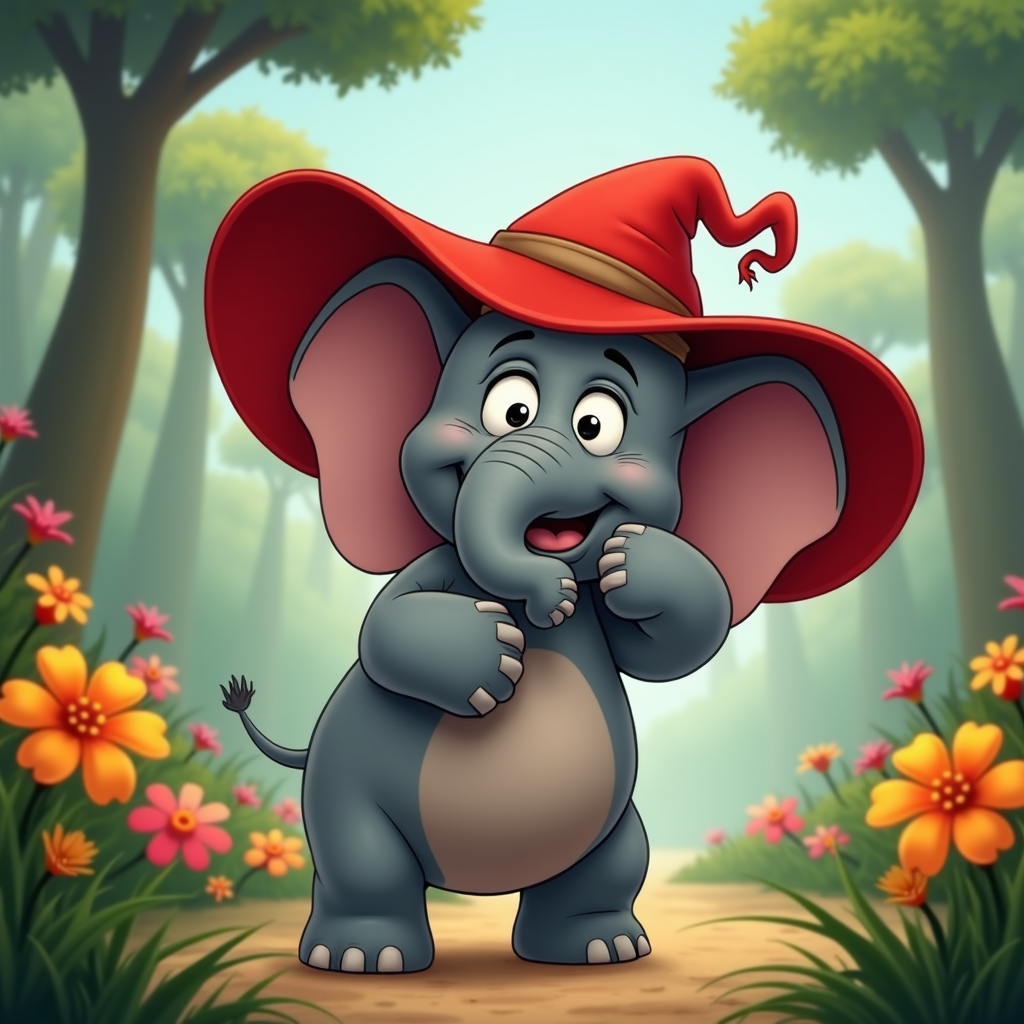 A whimsical cartoon of an elephant named Trunky, who is comically struggling with a too-small hat, showing his playful frustration.