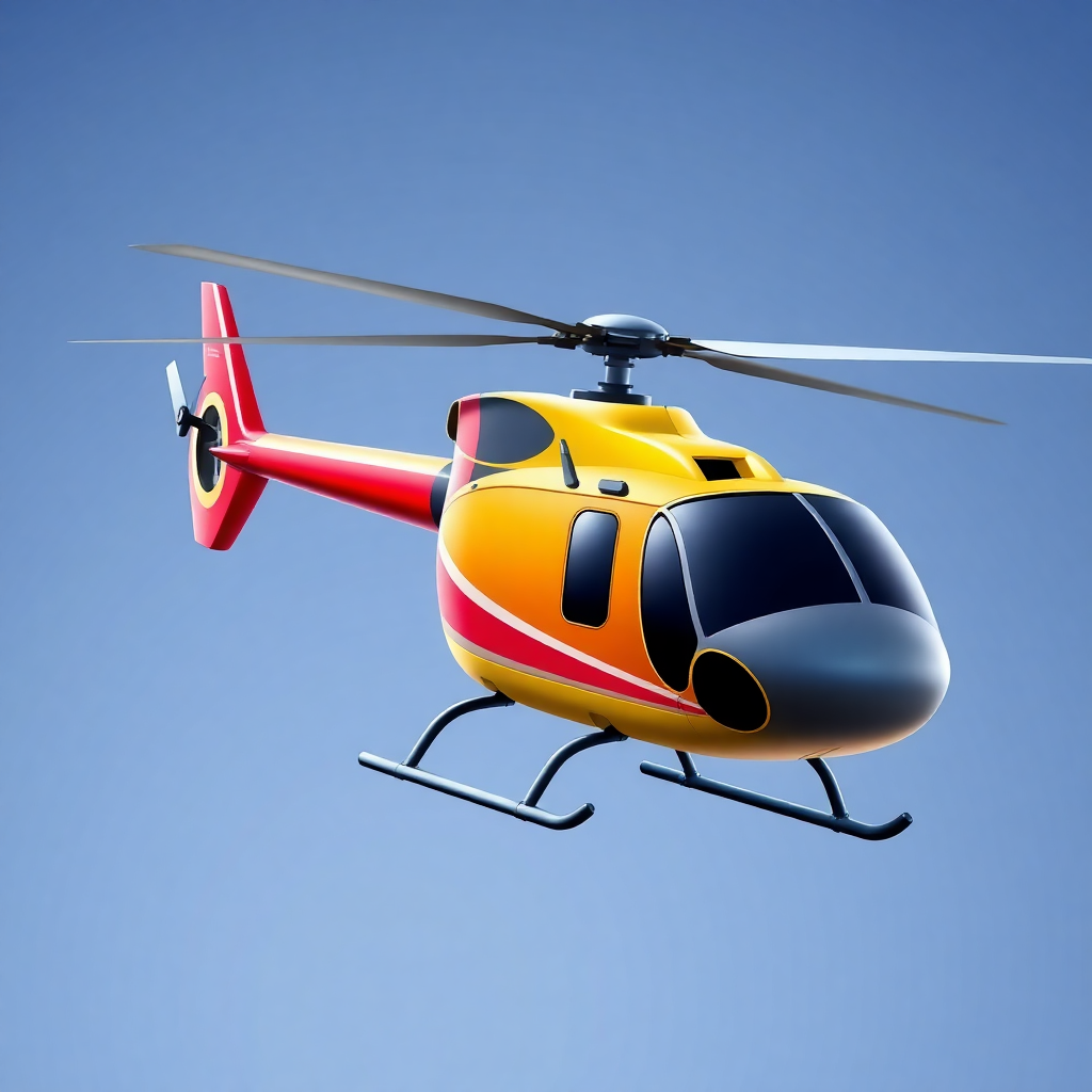 The image is a digital illustration of a helicopter flying in the sky. The helicopter is in the center of the image, with its body facing towards the right side of the frame. It has a bright yellow body with a red stripe running along the side and a black nose. The body of the helicopter has two large windows on the front, one on each side, and a small propeller on the left side. The wings are spread out, and the helicopter appears to be in mid-flight. The background is a clear blue sky.