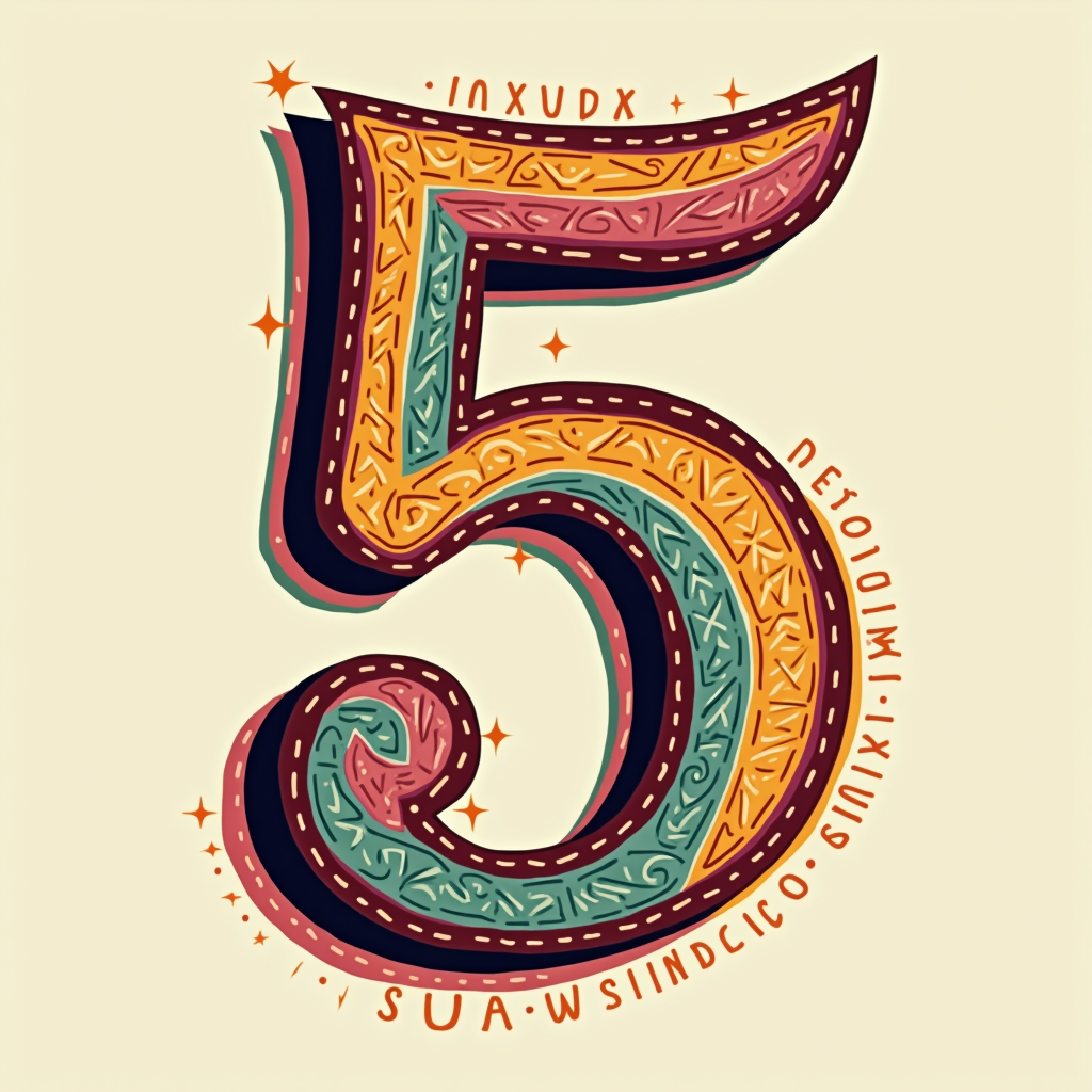 Simple Logo Idea: A stylized number '5' incorporating a tiny, modern festive element (e.g., a triangle from papel picado or a small sunburst segment), designed as a clean, contemporary mark for a Cinco de Mayo themed collection.