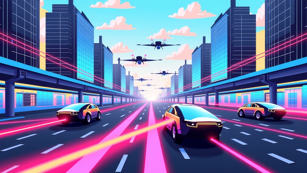 Sky-Lane Symphony: Illustrate robotaxis in dedicated ground lanes beneath soaring futuristic skyscrapers and potential aerial vehicle traffic, emphasizing multi-layered transit and ordered flow, possibly highlighted with light trails for movement.