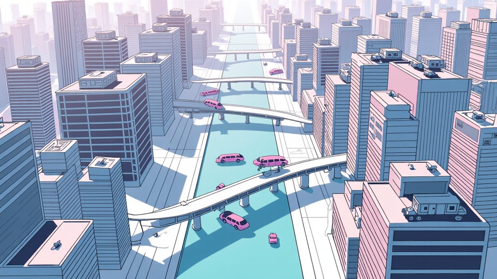The Sentinel's View: A high-angle or panoramic perspective of a sprawling futuristic urban landscape, showing numerous robotaxis moving in intricate, organized patterns, illustrating the scale, interconnectedness, and efficiency of the autonomous transportation network.