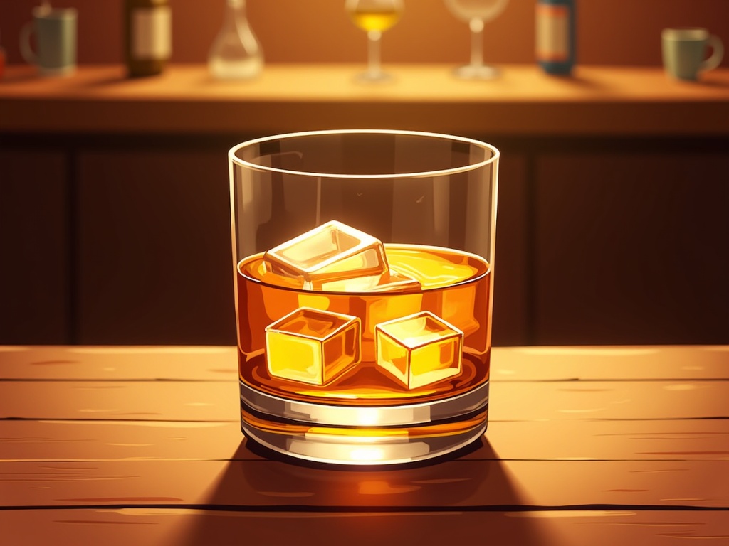 The image is a digital illustration of a glass of whiskey on a wooden table. The glass is filled with a golden-brown liquid and has several ice cubes floating in it. The background is blurred, but it appears to be a bar or a restaurant with a wooden countertop and various bottles and glasses. The overall color scheme of the image is warm and inviting, with a focus on the glass and the ice cubes.