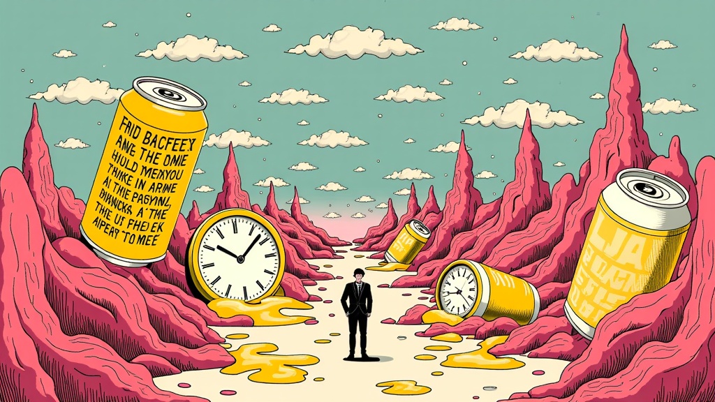 Lyrical Landscape Surrealism: A surreal and artistic collage that visually interprets themes and imagery directly from Post Malone's song lyrics. Elements like melting clocks, beer cans transforming into something else, solitary figures in vast landscapes, with typographic snippets of lyrics integrated into the artwork.