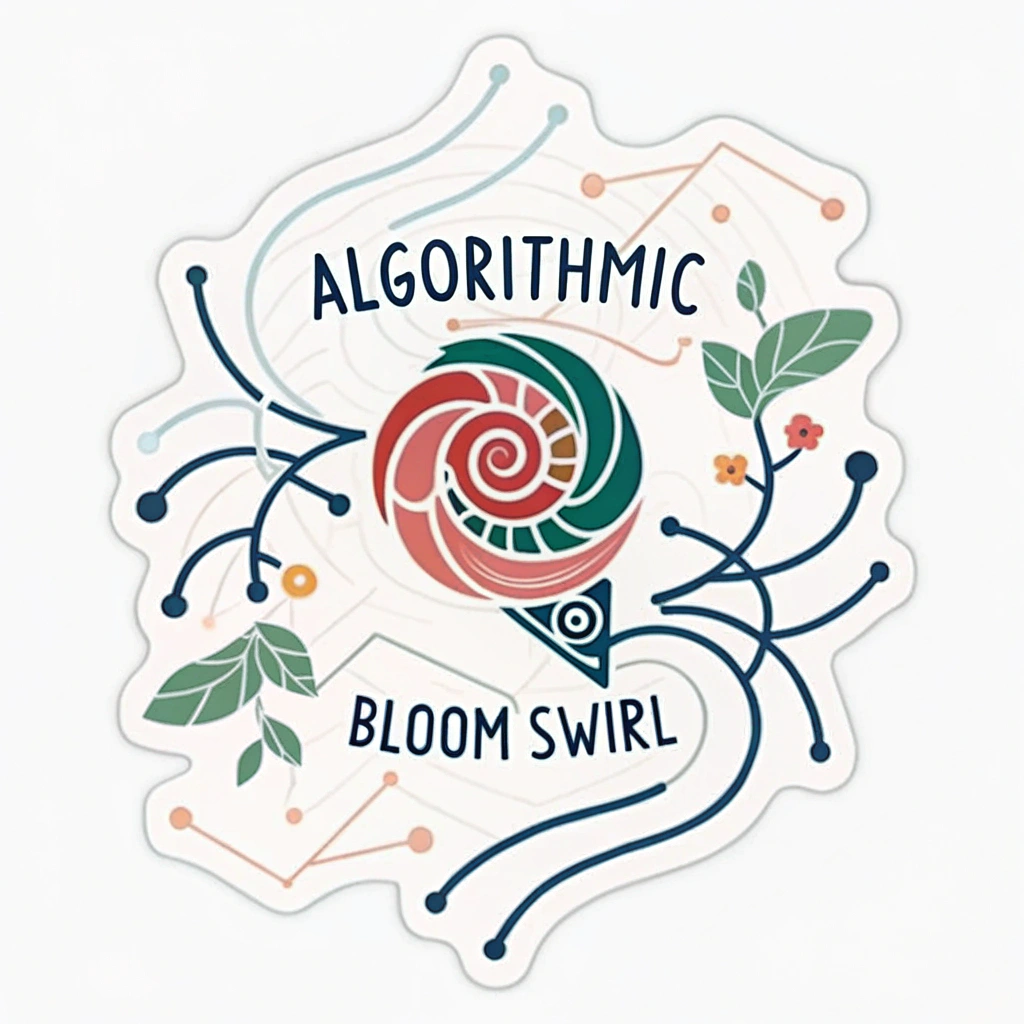 Algorithmic Bloom Swirl: A sticker featuring a central, outward-growing swirl with subtle code-like line overlays, using vibrant, contrasting colors to suggest AI creativity.