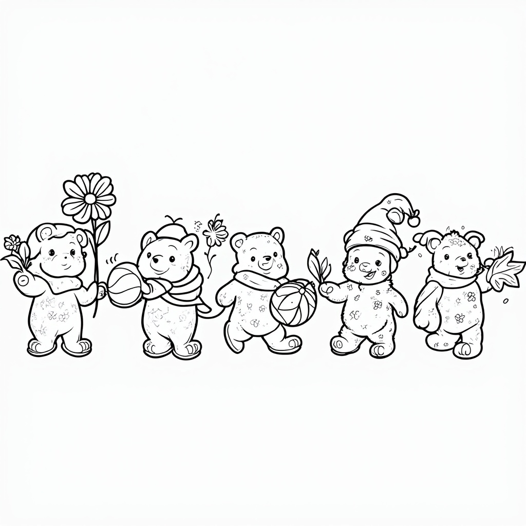 Seasonal Parade: A long coloring page depicting a parade of gummy bears, each dressed or carrying an item representing a different season (e.g., a spring flower, a summer beach ball, an autumn leaf, a winter snowball).
