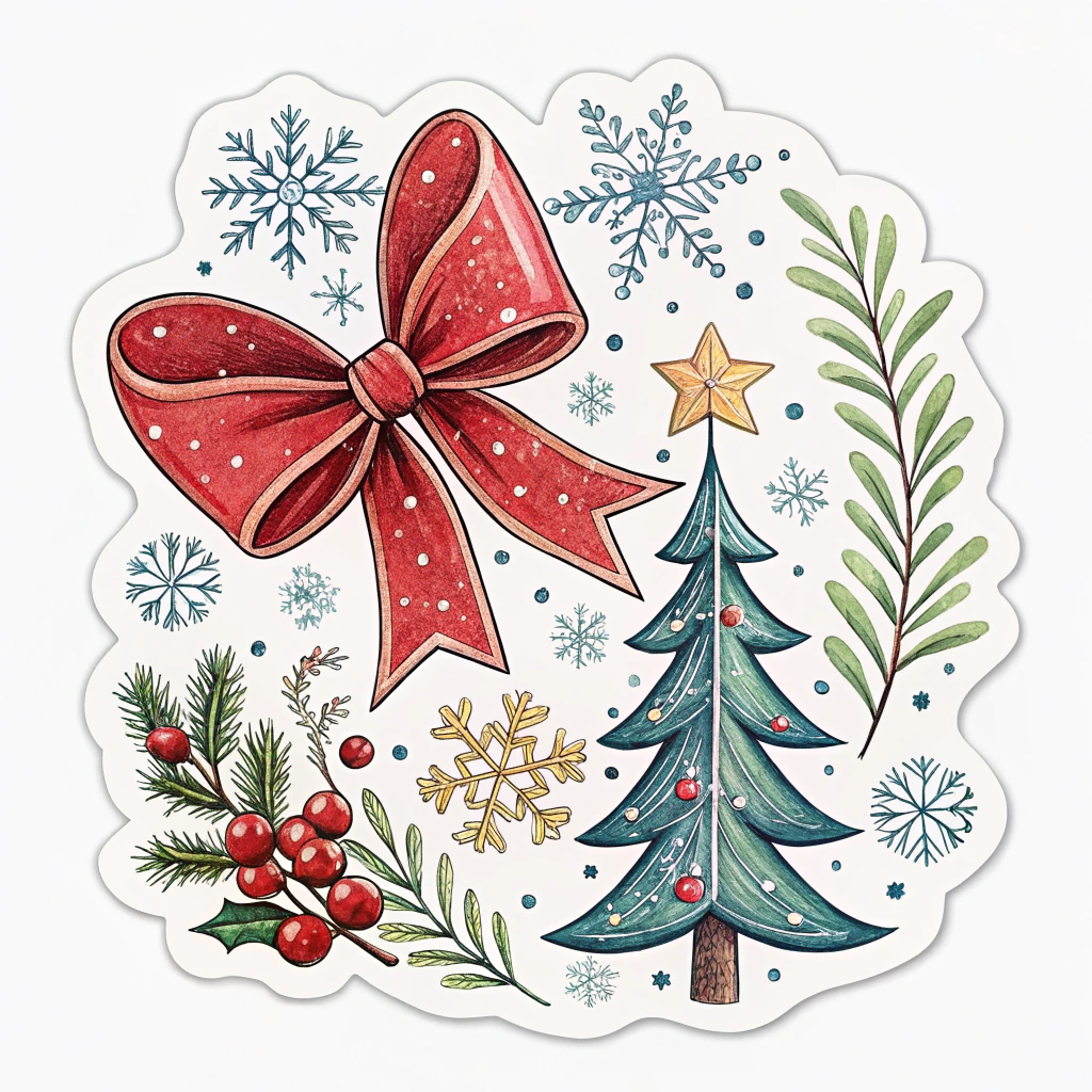 The image shows a painting of a Christmas tree adorned with a red bow and holly leaves, surrounded by snowflakes and other festive decorations. The tree is decorated with colorful stickers, adding a cheerful touch to the scene.