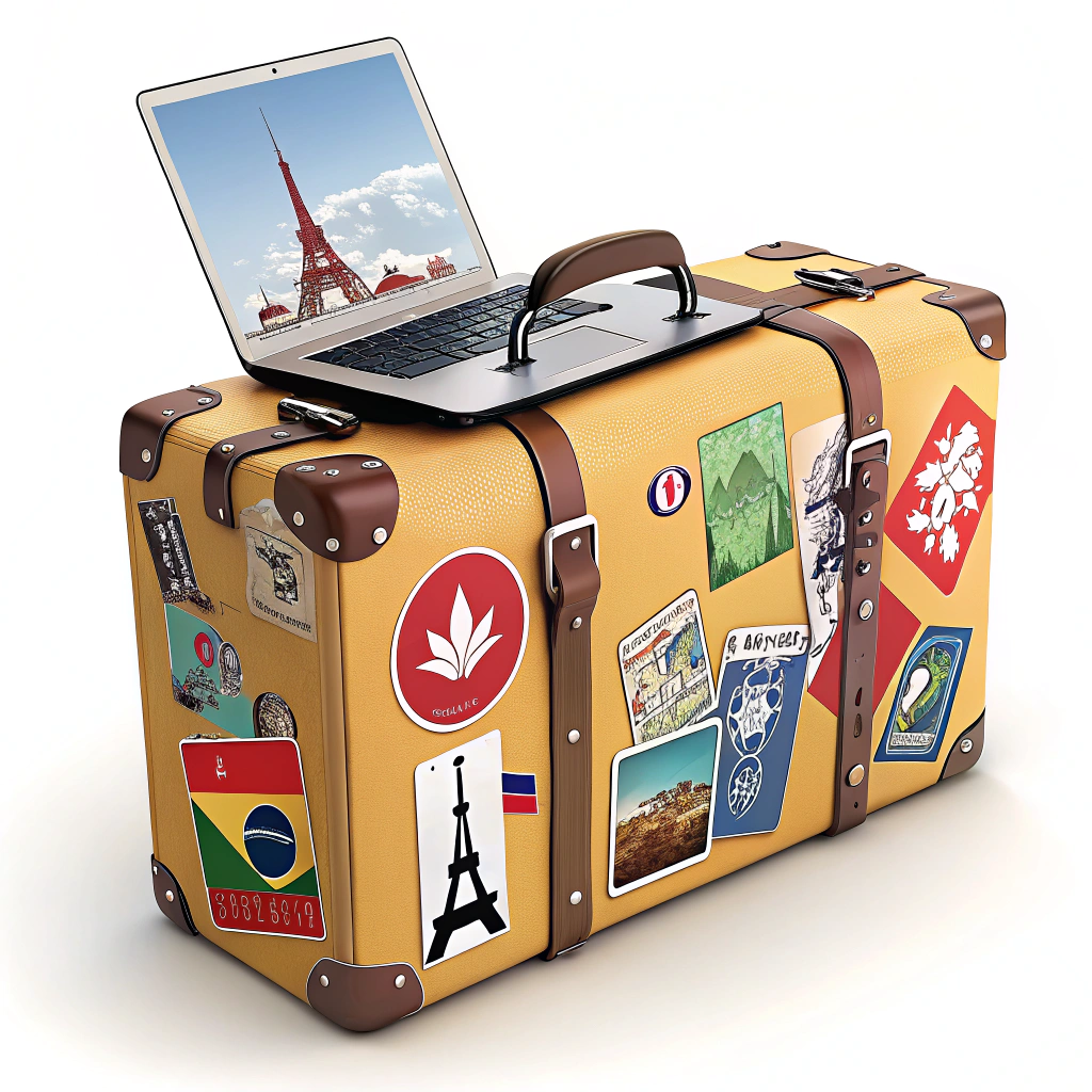 A suitcase with stickers from different countries, topped with a laptop.