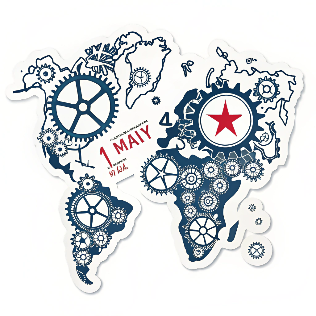 An abstract representation of the world map constructed from interconnected gear cogs, illustrating the essential and interconnected nature of labor globally. A single red star marks the significance of May 1st.