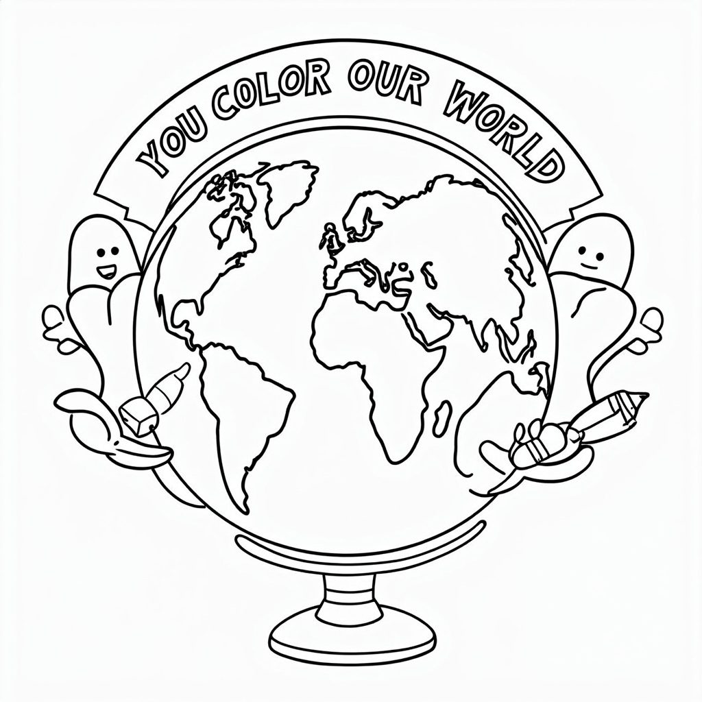 Globe Being Colored: A large, segmented globe with continents as distinct coloring areas. Giant, cheerful crayons (perhaps held by abstract student hands or appearing magically) are adding color to the globe. A small, open crayon box sits in a corner. The slogan 'You Color Our World' is bannered across the top.