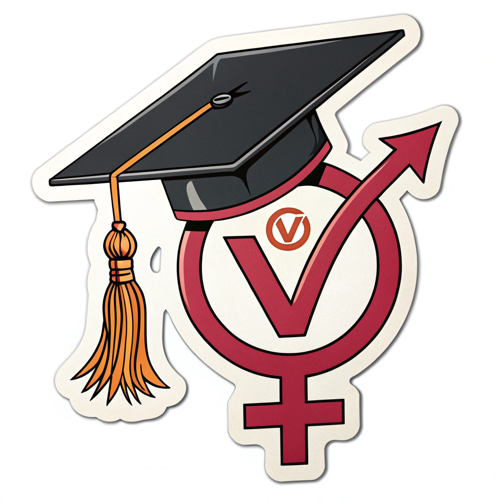 An icon showing a graduation cap combined with the Venus symbol, representing women achieving academic success.