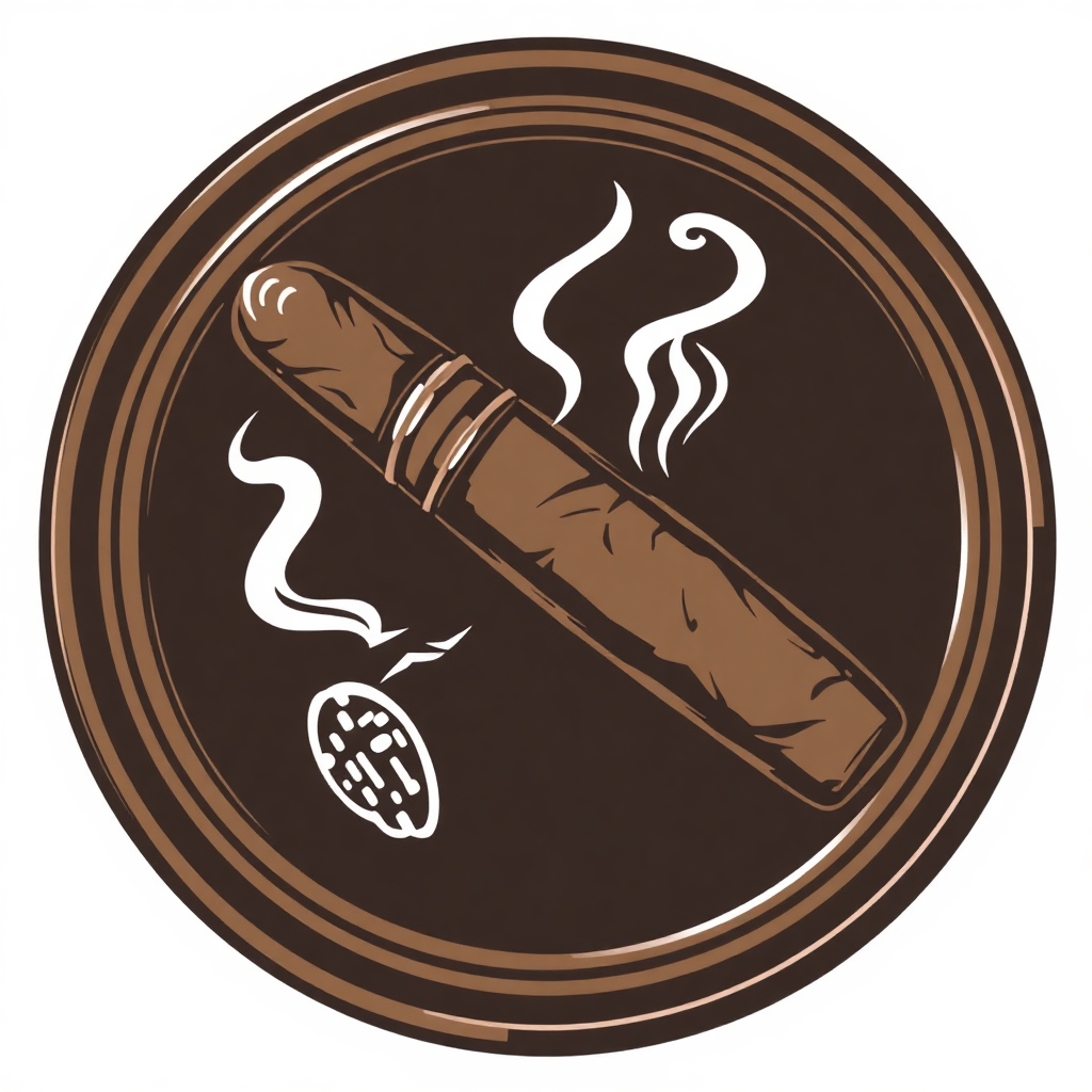 The image is a circular illustration with a dark brown background. In the center of the circle, there is a cigar with white smoke coming out of it. The cigar is brown in color and appears to be freshly rolled. On the left side of the cigar, there are two white wispy lines that are slightly curved, creating a sense of movement. The overall style of the illustration is simple and minimalistic.