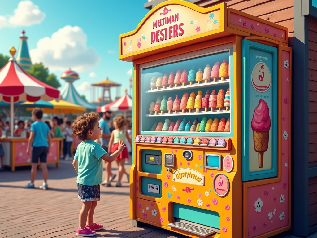 A vending machine at an amusement park filled with colorful ice creams and popsicles, sporting a fun and vibrant cartoon theme design.