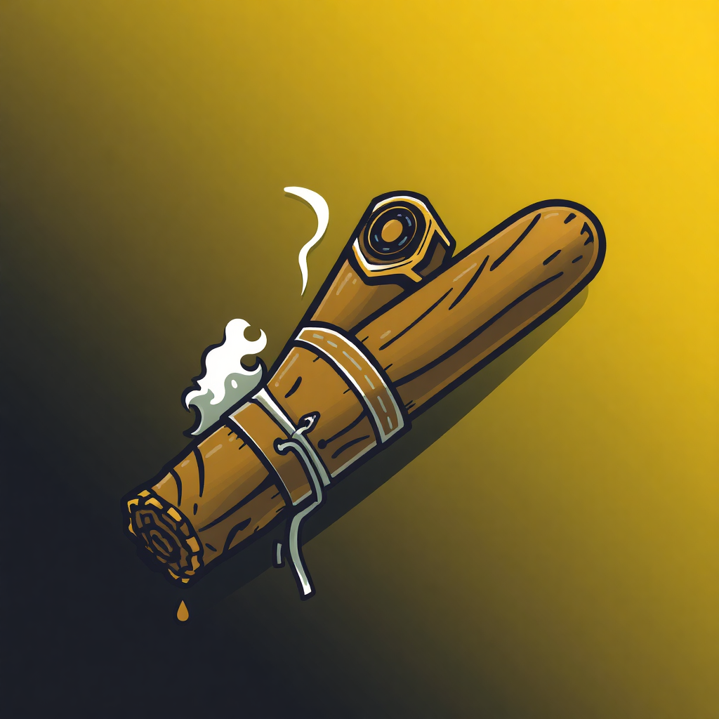 The image is an illustration of a cigar. The cigar is brown in color and has a cylindrical shape with a pointed end. It is tied with a white string and has two small white smoke coming out of it. The background is a gradient of yellow and black, creating a gradient effect. The overall style of the illustration is simple and cartoon-like.