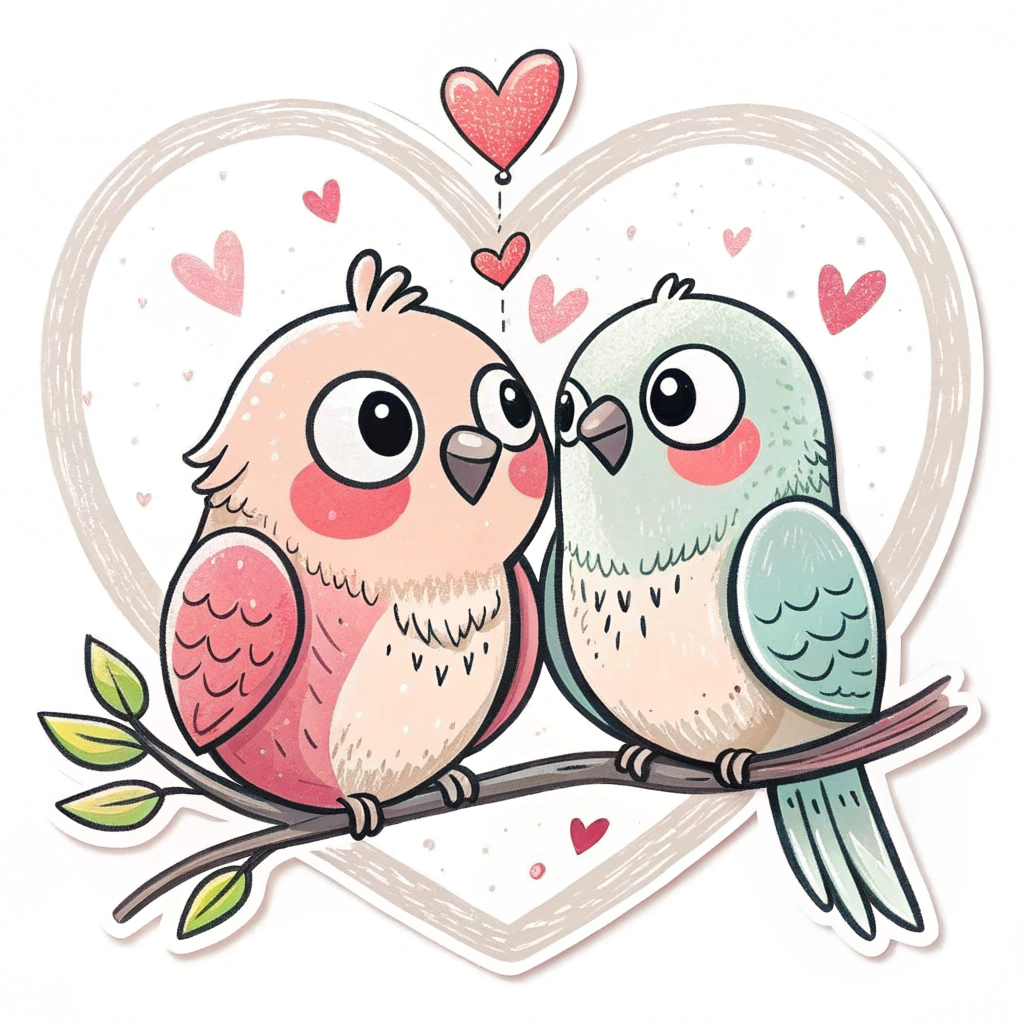 Simple cartoonish love birds with big eyes and rosy cheeks.