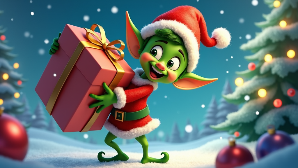 The image is a digital illustration of a Christmas scene. It shows a green elf wearing a red Santa hat and holding a large red gift box with a gold ribbon. The elf has a big smile on its face and is standing on its hind legs. The background is a snowy landscape with Christmas trees and red and gold ornaments. The sky is blue with white snowflakes falling. The overall mood of the image is cheerful and festive.