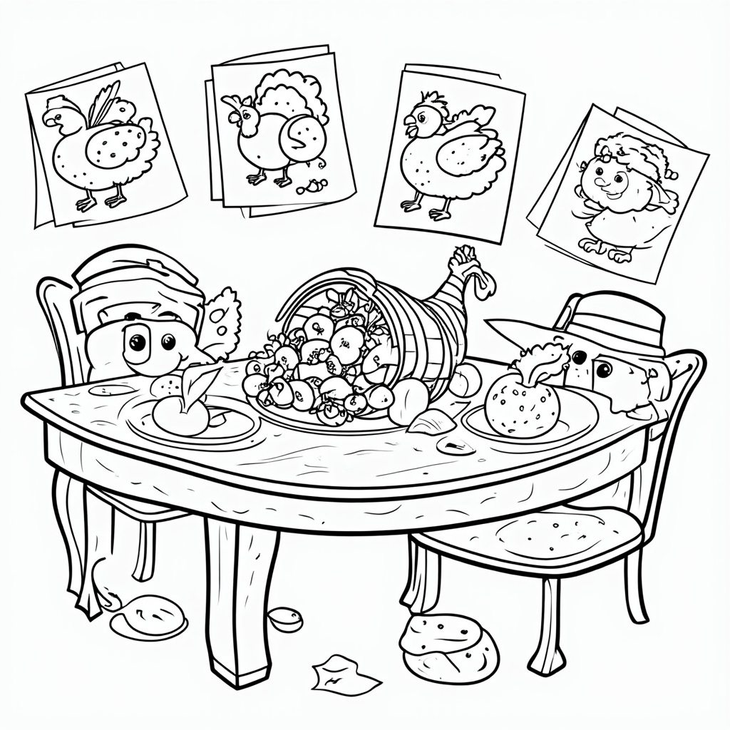 A children’s table set with Thanksgiving-themed activities, including a cornucopia full of fruits and vegetables, and coloring pages featuring turkeys and pilgrims scattered around the table.