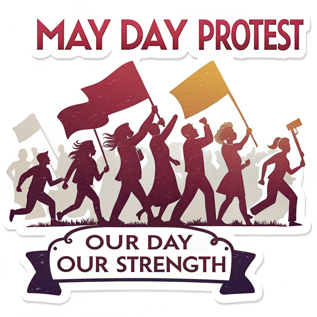 A dynamic sticker depicting silhouettes of a diverse group of protestors marching with banners. One of the main banners clearly displays the slogan 'Our Day, Our Strength'. The phrase 'May Day Protest' serves as a clear title or header. Consider a style reminiscent of woodcut prints or bold stencil art for impact.