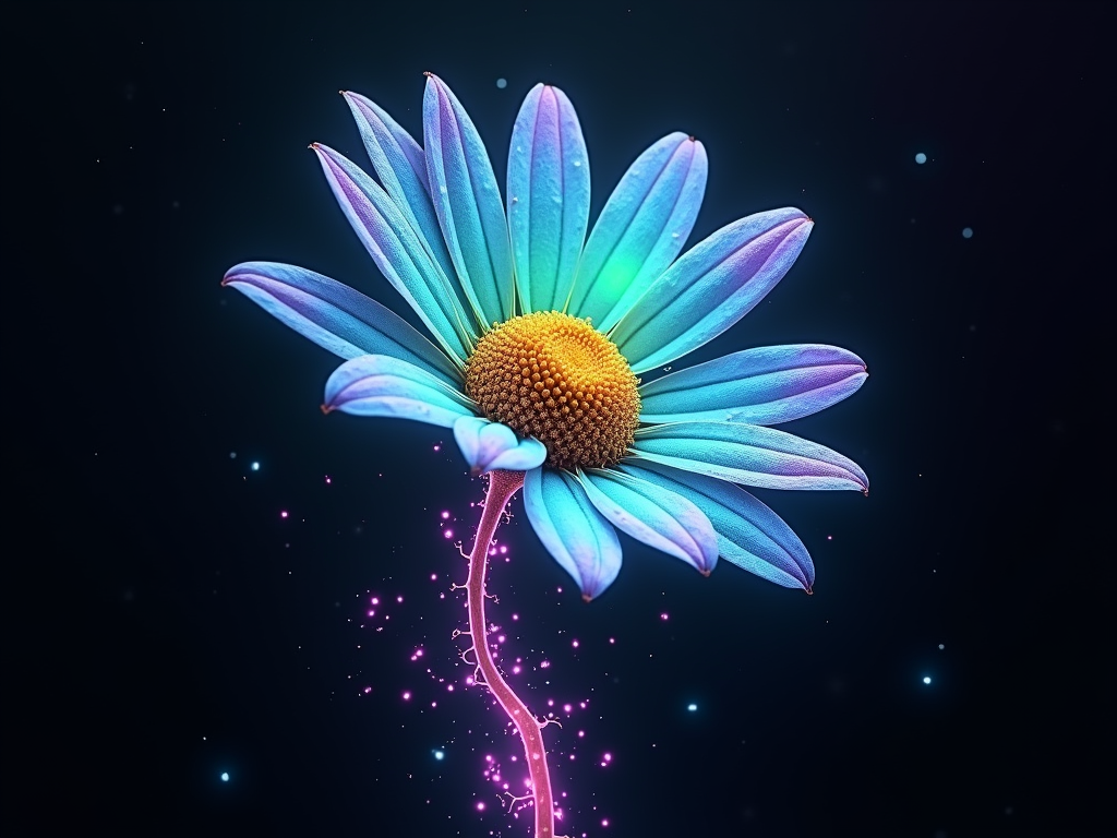 An ethereal design portraying a large, abstract daisy as if it's blooming with petals and a stem made of bio-luminescent plasma or swirling light tendrils. The daisy glows brightly in blues, greens, and purples on a black shirt.