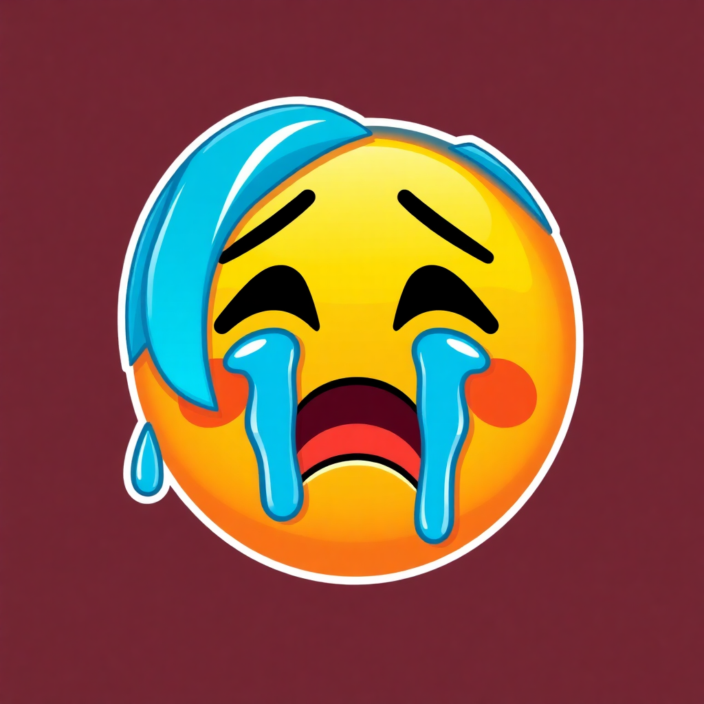 The image shows a yellow, orange and blue emoji with tears streaming down its face, set against a maroon background.