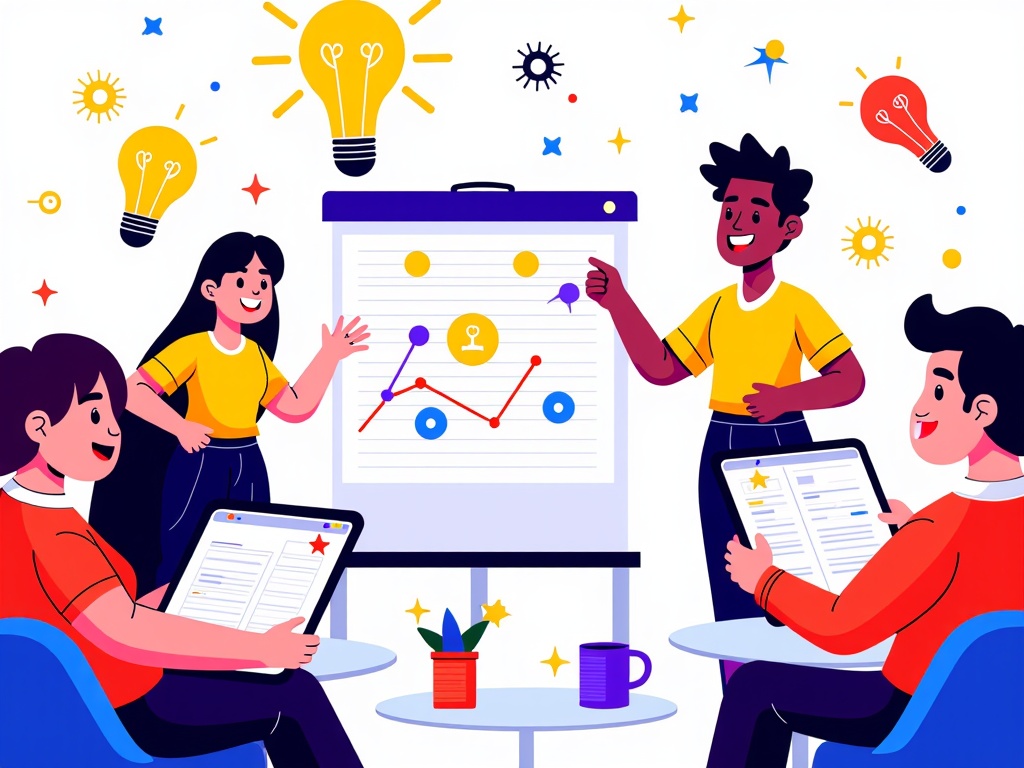 An illustration showcasing developers engaged in dynamic knowledge sharing – perhaps one presenting to an engaged audience, or a small group brainstorming around a digital whiteboard. Abstract visuals of ideas (lightbulbs, flowing concepts) signify the vibrant learning environment of the community.