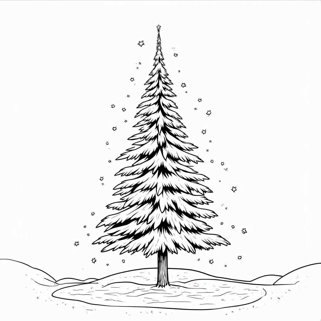 The image is a black and white line drawing of a Christmas tree. The tree is tall and slender with a pointed top and a coniferous trunk. It is standing on a small island in the middle of a snowy landscape. The ground is covered in snow and there are small hills in the background. The sky is filled with small stars, creating a starry night sky. The overall mood of the image is peaceful and serene.