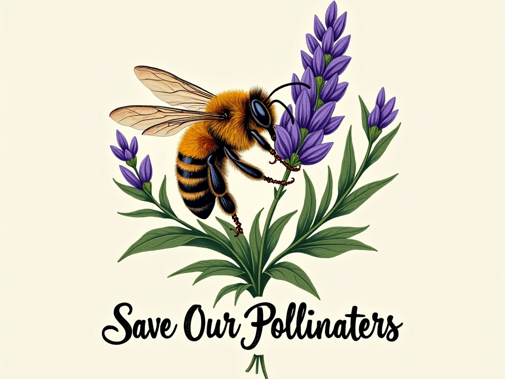 Sub Design Idea 1: Vintage Botanical Bee - A detailed, vintage botanical illustration style showing a bee species (e.g., honeybee or bumblebee) interacting with a specific flower known to attract bees (e.g., lavender, sunflower, coneflower). Text 'Save Our Pollinators' in an elegant script or serif font.
