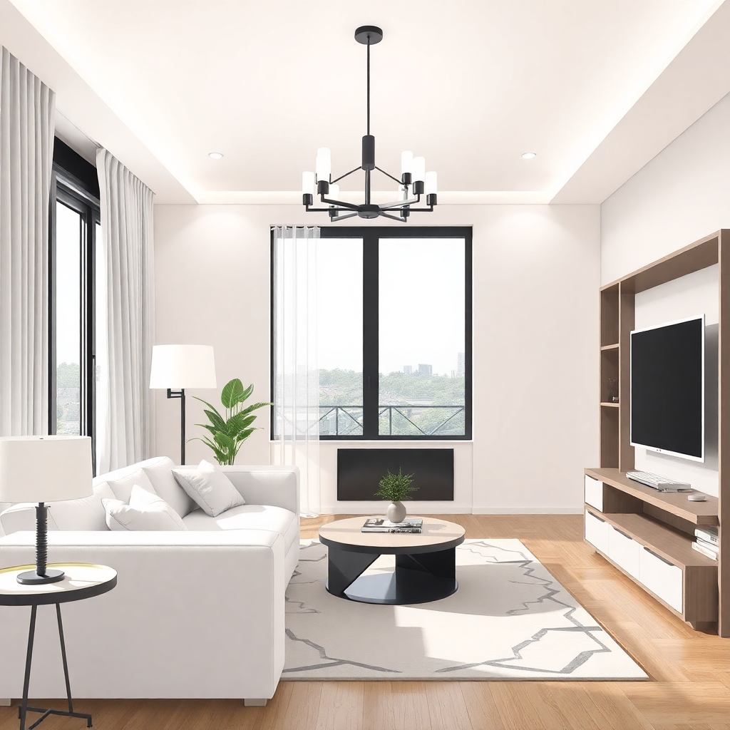  a modern living room with a large window that offers a beautiful view of the city. The room has a high ceiling with a black chandelier hanging from it. The walls are painted white and the floor is made of light-colored wood. On the left side of the room, there is a white sofa with white throw pillows and a black coffee table in front of it. Next to the sofa, there are two side tables with white lamps and a small plant on one of them.   On the right side, there has a wooden entertainment center with a flat-screen TV mounted on the wall. The entertainment center has a built-in shelf and a bookshelf. The floor is covered with a gray area rug with a geometric pattern. The window has white curtains and offers a panoramic view of a city skyline.