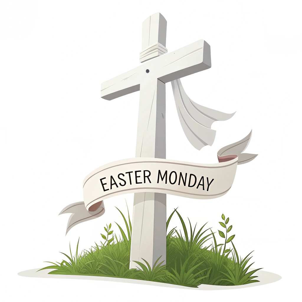 A sticker featuring a simple cross with a banner that says 'Easter Monday' to represent religious observance.