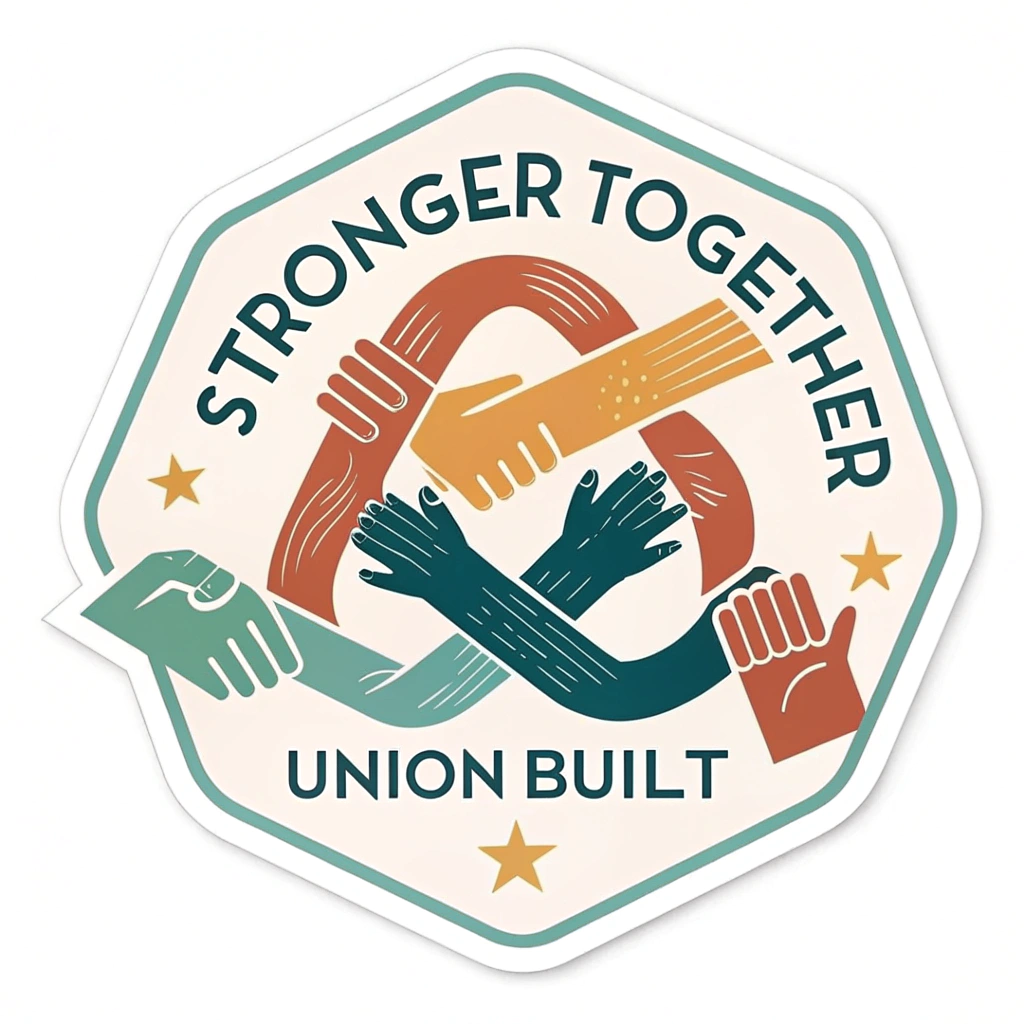 Sticker Design Idea 5: An abstract design of differently colored interlocking hands forming a circle or upward arrow, symbolizing unity and progress. Text: 'STRONGER TOGETHER – UNION BUILT' integrated into the design.