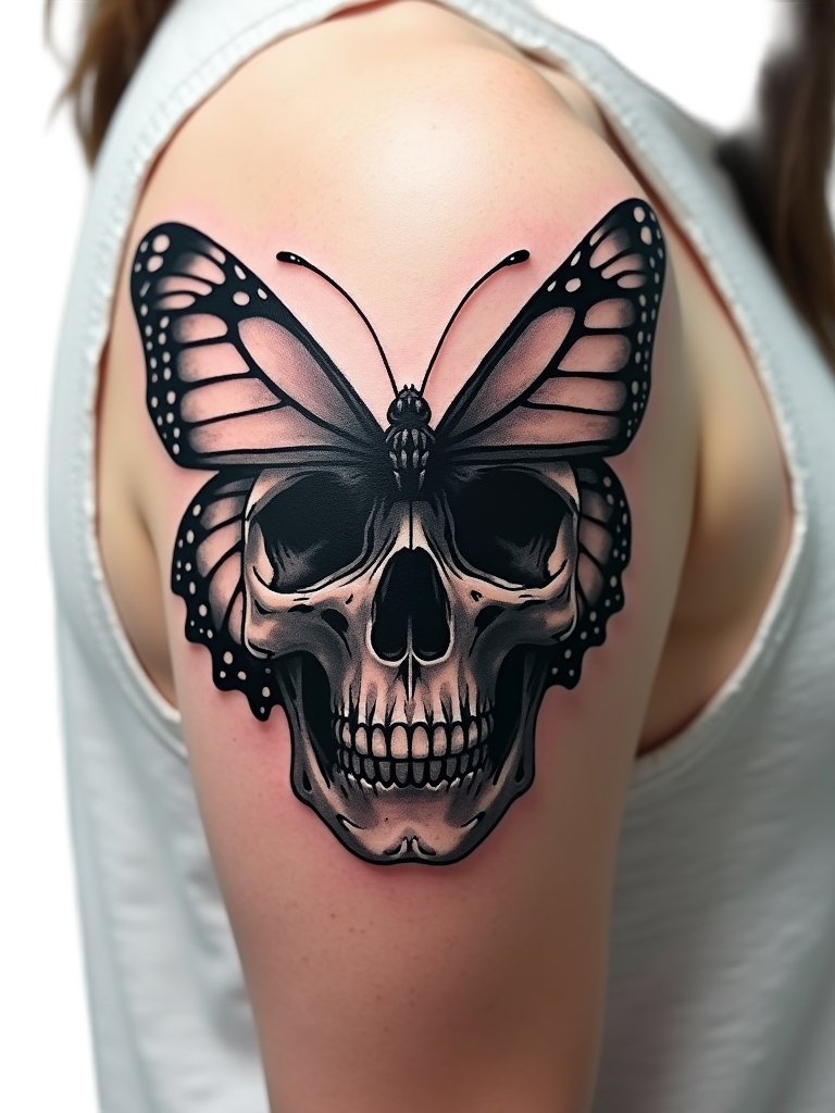 Butterfly and skull tattoo combo, using black and grey shading, offering a balance of life and death themes on an upper arm.