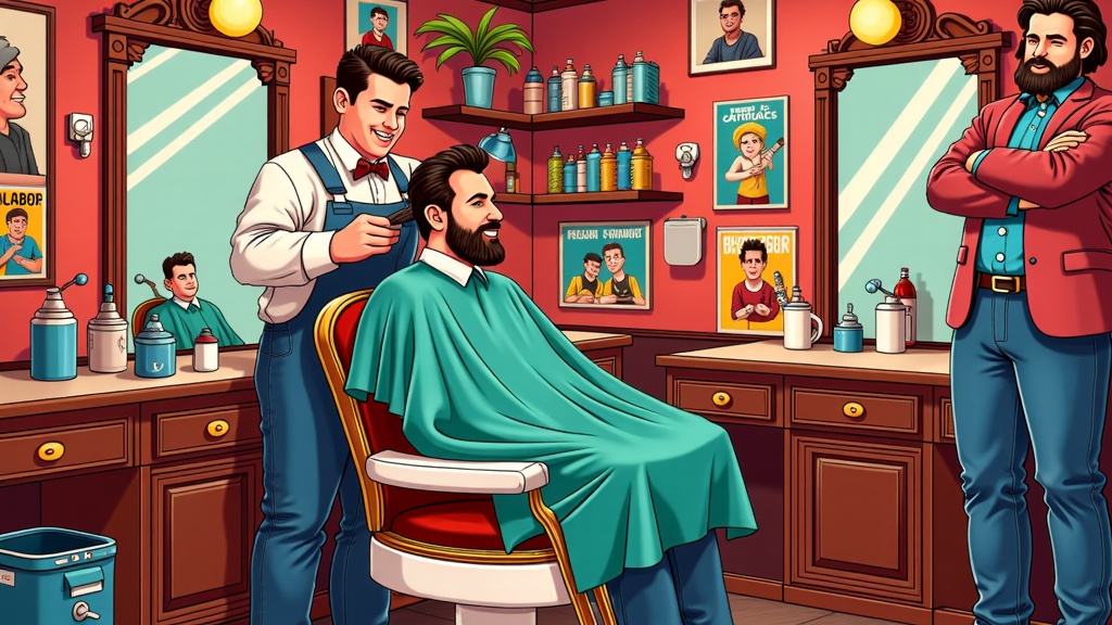 The image is an illustration of a barber shop. The barber is standing behind the barber, who is sitting in a chair with a green cape draped over his head. He is holding a pair of scissors and appears to be cutting the hair of the client. The client is smiling and looking at the barbers.  On the right side of the image, there is another barber standing with his arms crossed. He has a beard and is wearing a red jacket and blue jeans. On the left side, there are shelves with various barber products and a mirror. The walls are decorated with framed pictures and a potted plant. The floor is tiled and there is a blue trash can in the corner of the room.