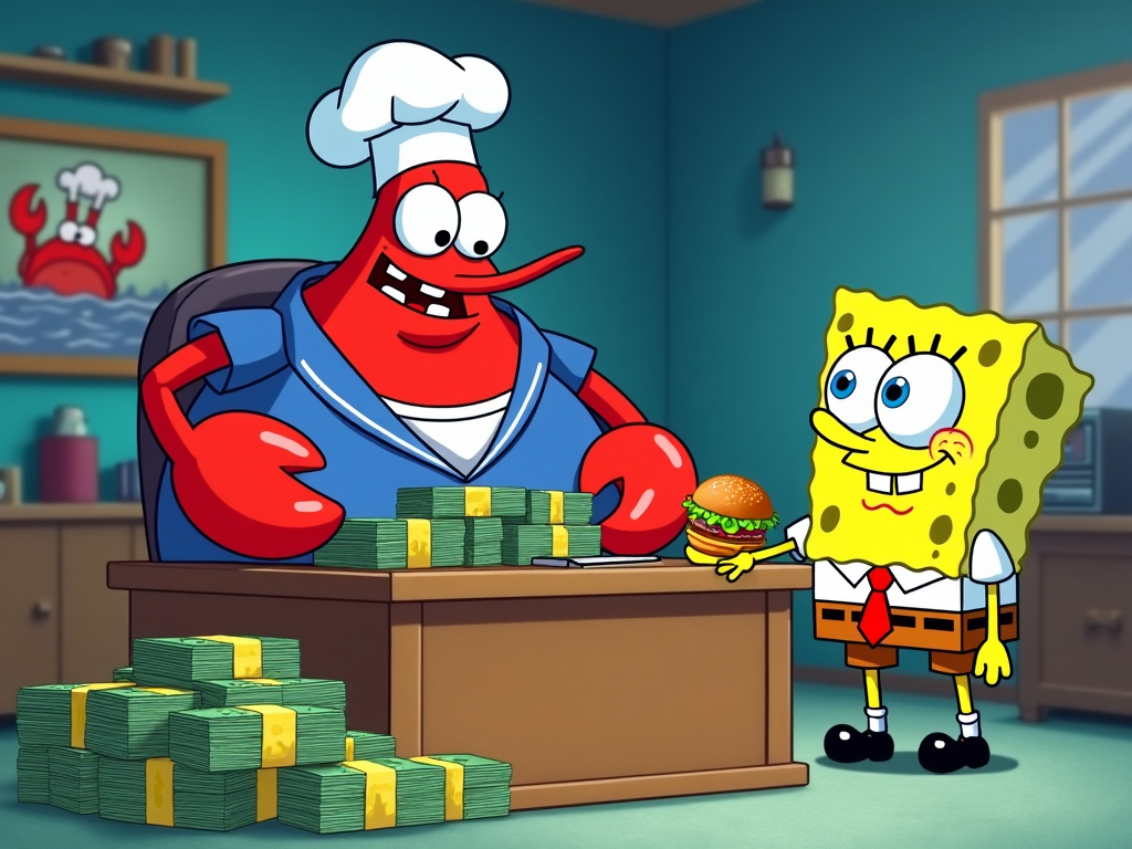 Mr. Krabs counting stacks of money in his office at the Krusty Krab, while SpongeBob waits eagerly holding a freshly made Krabby Patty.