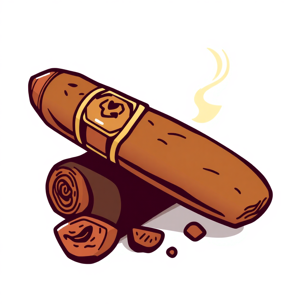 The image is an illustration of a cigar. The cigar is brown in color and has a label on it with the word Cigar written in a cursive font. It is lying on its side with a few cigar pieces scattered around it. There is a wisp of smoke coming out of the cigar, indicating that it is smoking. The background is white.