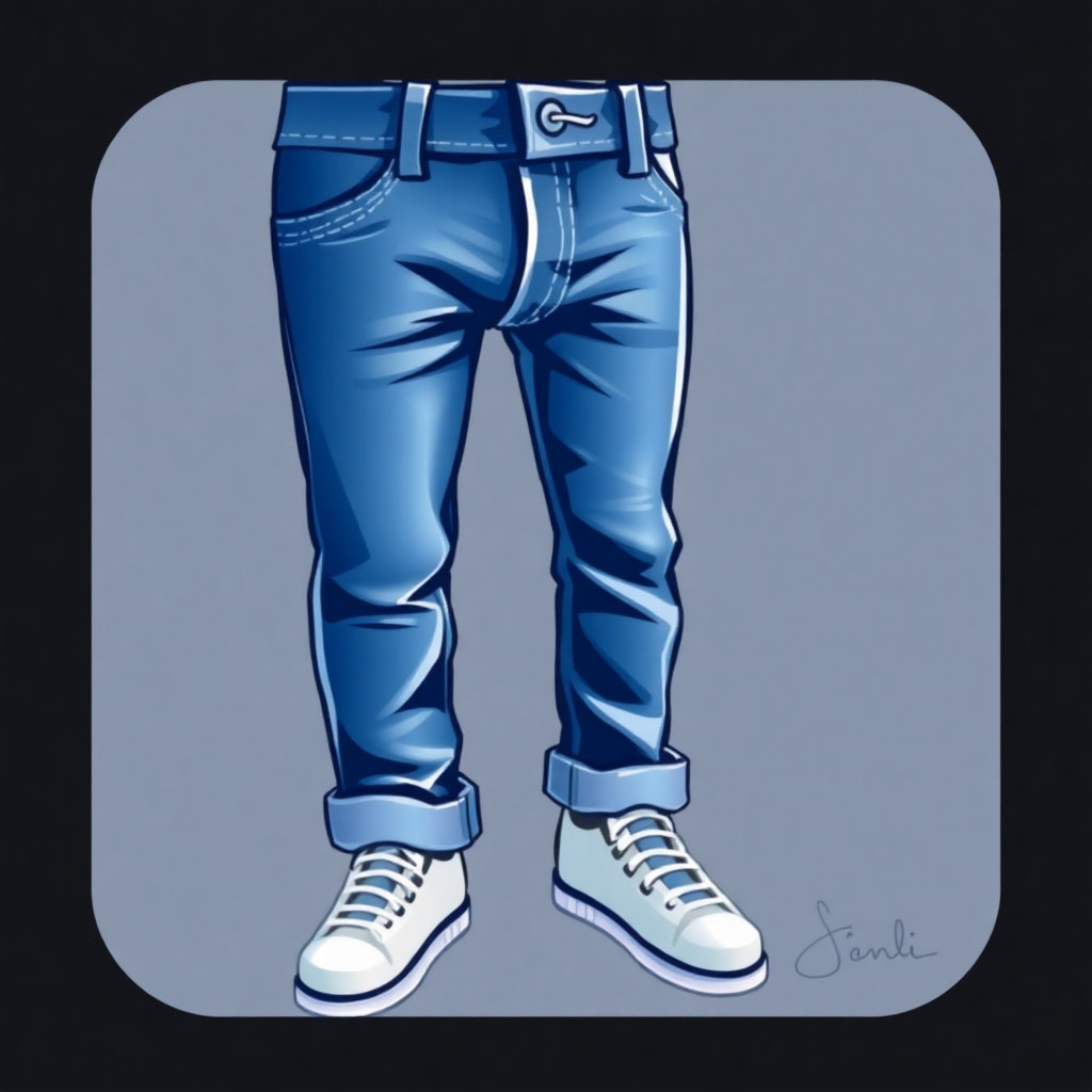 The image is a digital illustration of a pair of blue jeans and white sneakers. The jeans are a light blue color and have a slim fit. The sneakers are white with blue laces and a chunky sole. The background is a solid grey color. The image is in a square shape with a black border. The legs of the person are visible in the image, and they are wearing the jeans with the sneakers.