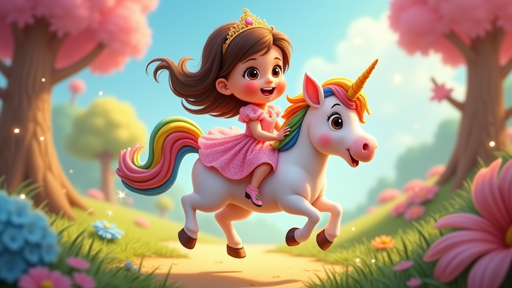 A tiny, adorable princess with chubby cheeks, surrounded by a magical aura of rainbow sparkles, riding on a fluffy, cartoonish unicorn with a rainbow mane.