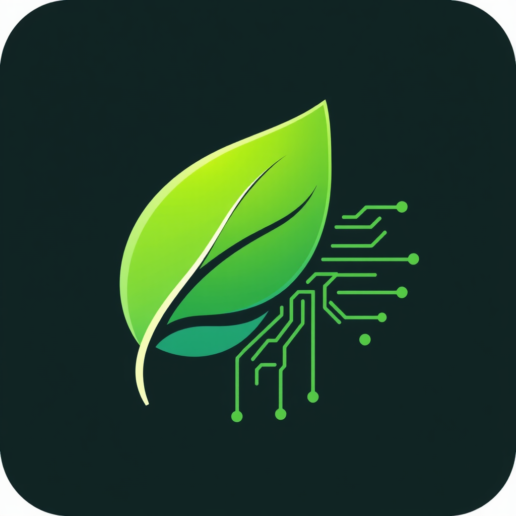 Leaf & Circuitry Fusion: A stylized leaf seamlessly integrates with a minimalist circuit pattern, symbolizing the harmony between nature and technology, colored in greens and soft blues.
