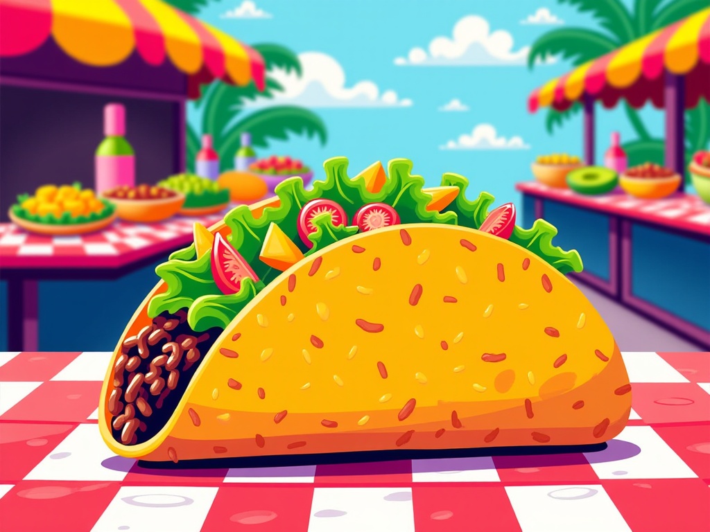 The image is an illustration of a taco on a red and white checkered tablecloth. The taco is in the center of the image and is filled with a variety of ingredients, including lettuce, tomatoes, and other vegetables. It appears to be freshly made and ready to eat. In the background, there are two colorful food stalls with red and yellow striped awnings and a blue sky with white clouds. The stalls are set up on a beach-like setting with palm trees and the ocean visible in the distance.