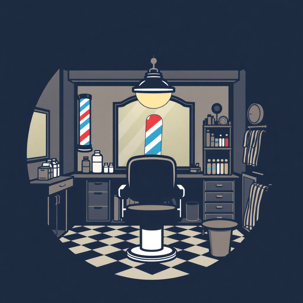 The image is an illustration of a barber shop interior. The room is dimly lit with a black and white checkered floor. In the center of the room, there is a black barber chair with a red, white, and blue striped barber pole in front of it. Above the chair, there are two barber poles with red and white stripes. On the left side of the image, there has a desk with a mirror and a shelf with various barber tools and supplies. The walls are painted in a light blue color and there are clothes hanging on a rack on the right side. The overall style of the illustration is vintage and retro.