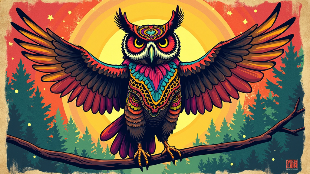 Sub-design 1: Vintage Festival Poster Owl - Owl mascot in a retro concert poster style with psychedelic colors, 70s font, and distressed textures.