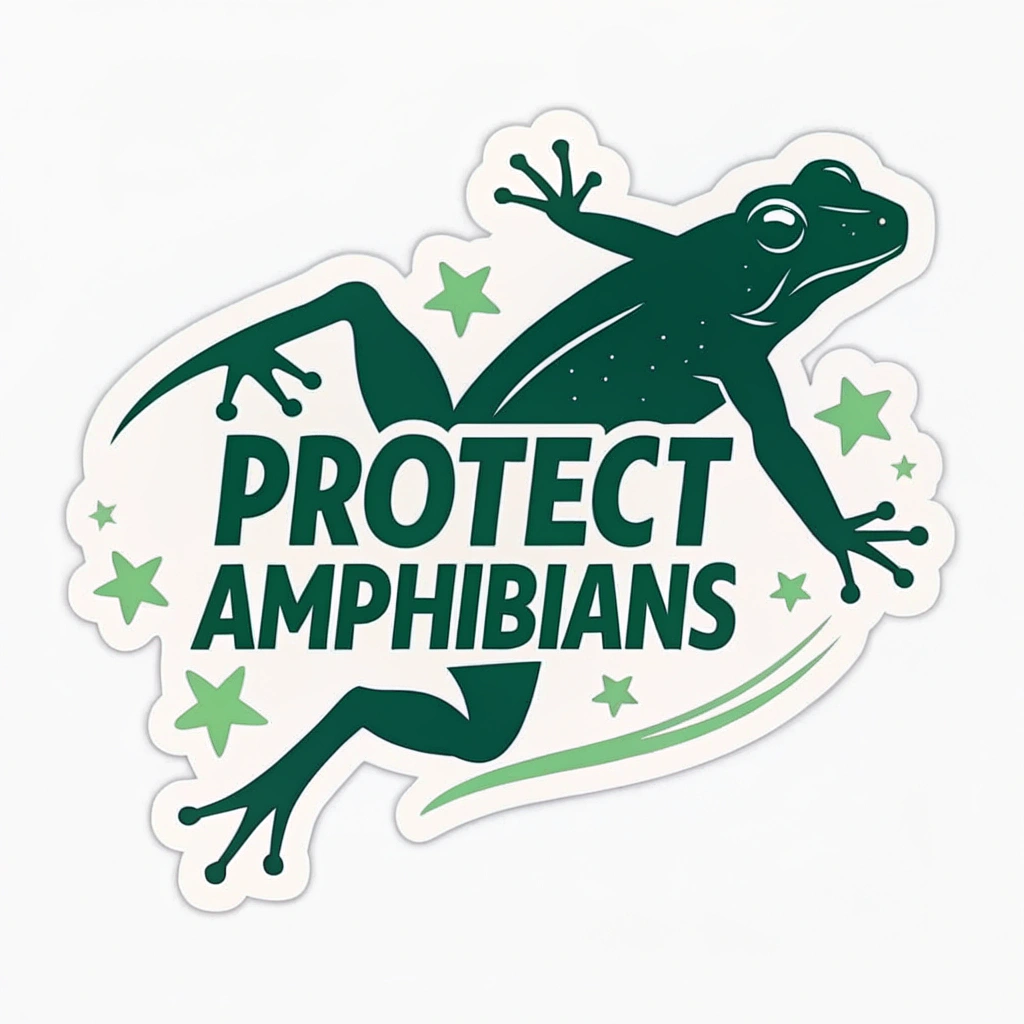 A stylized frog silhouette leaping energetically over the bold text 'Protect Amphibians'.