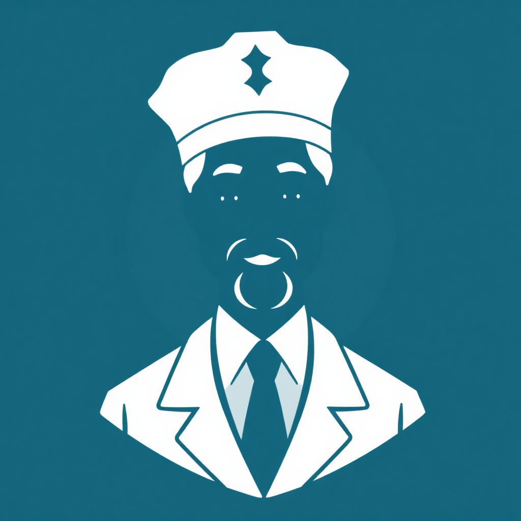 The image is a blue square with a white silhouette of a man's face in the center. The man has a beard and mustache and is wearing a white cap with a star on it. He is also wearing a suit and tie. The background is a solid teal color. The silhouette is simple and minimalistic, with no additional details or shading.