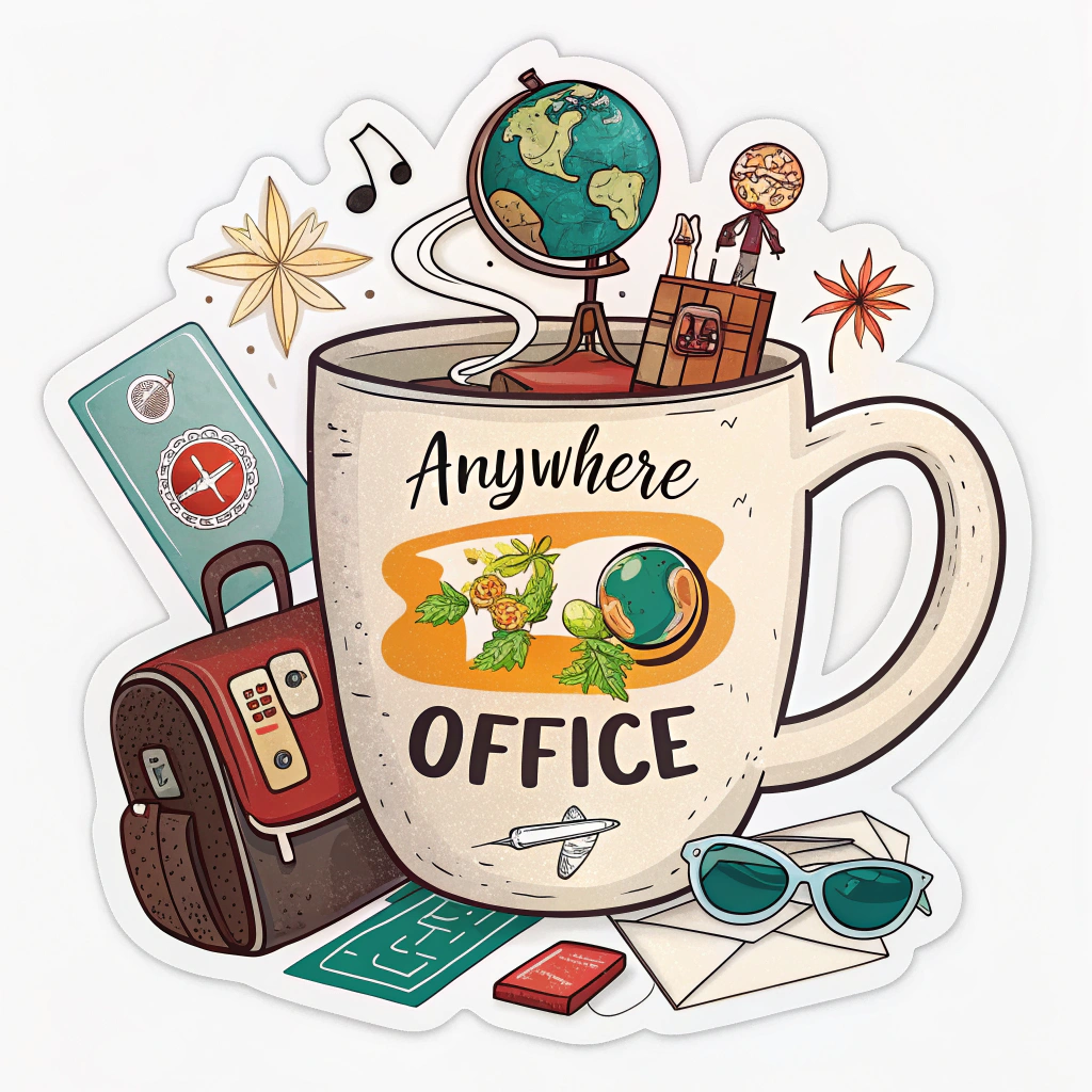 A coffee mug with the words 'Anywhere Office' on it, surrounded by travel-themed items.