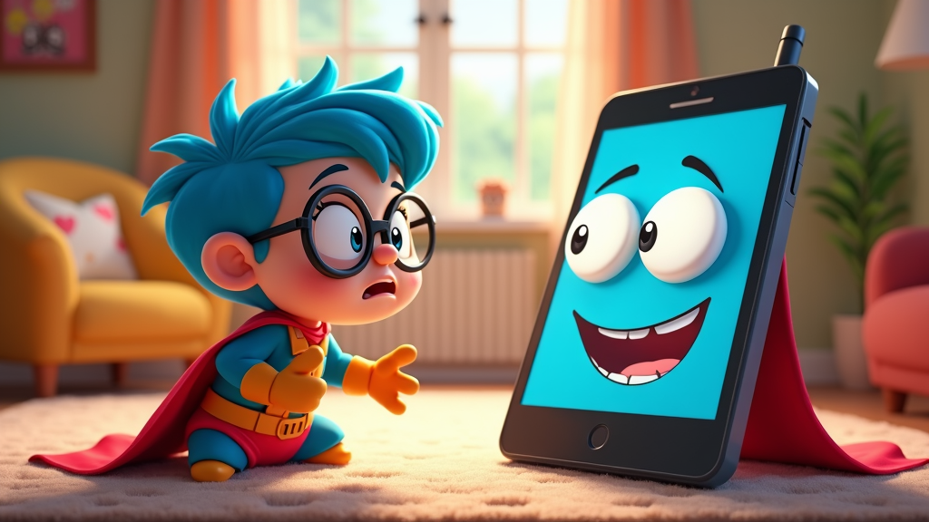 Scene Idea: A child character attempting to 'negotiate' with a giant, talking smartphone that displays a countdown timer, using various humorous arguments and puppy-dog eyes.