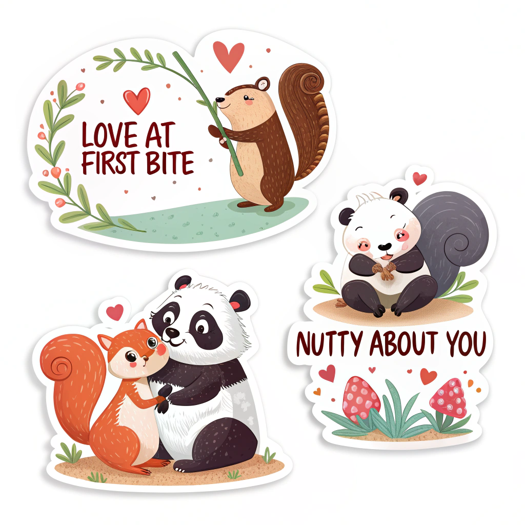 Stickers featuring animals in love with humorous captions.