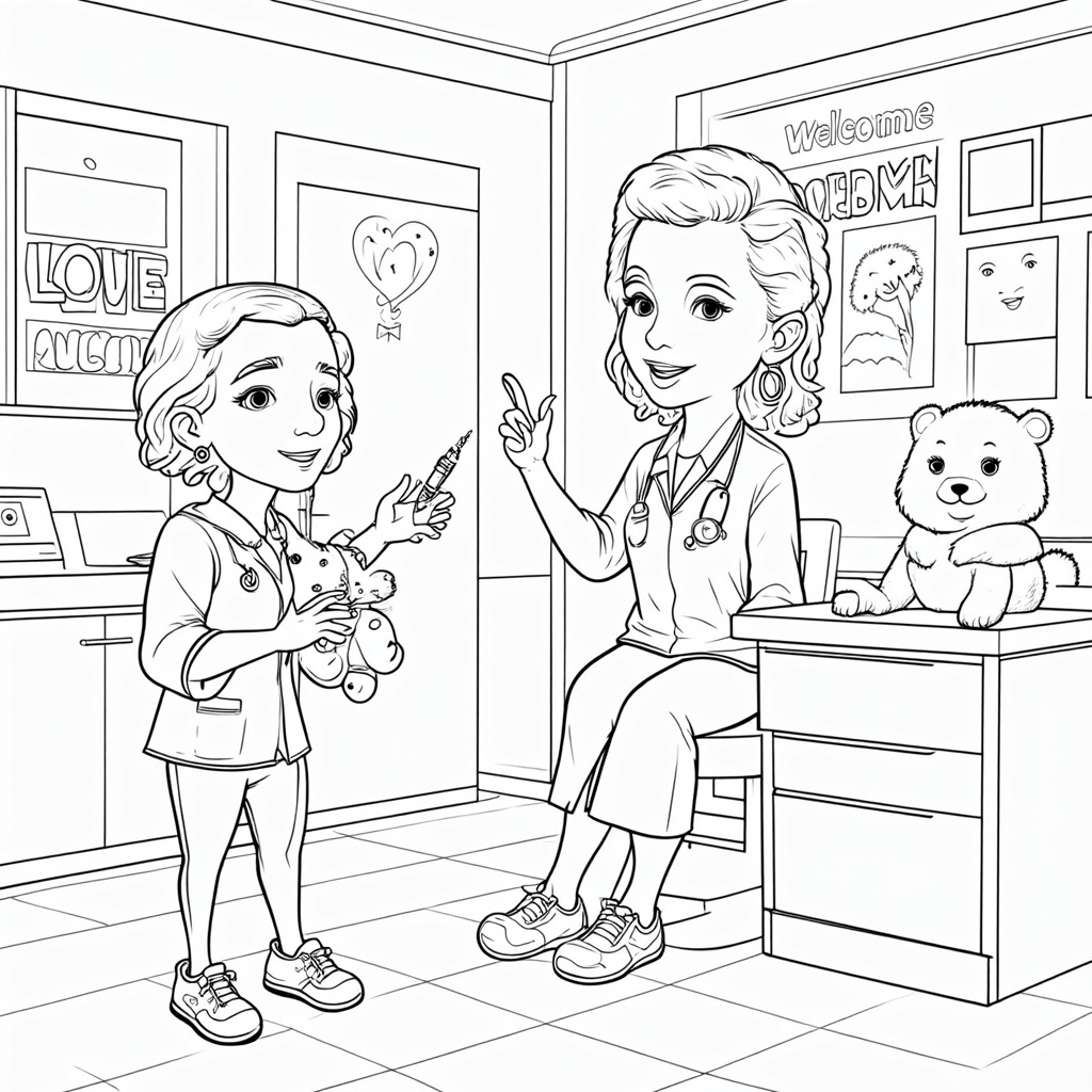 Coloring page: A welcoming scene in a brightly decorated doctor's office or clinic, with a friendly doctor or nurse smiling and talking gently to the child about the vaccine.