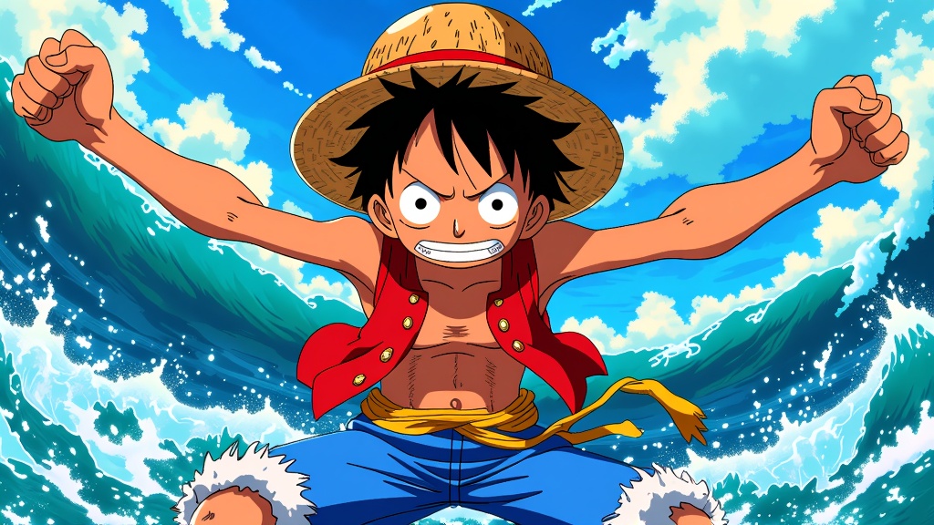 A vibrant One Piece wallpaper featuring Monkey D. Luffy in his iconic straw hat, stretching his arms with a determined expression against a backdrop of the Grand Line. Adventure awaits!